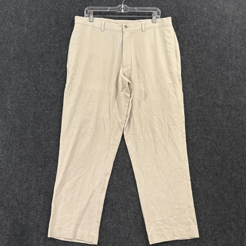 Alan Flusser Pants Men's 36x30 Beige Linen Blend Dress Casual Flat Front